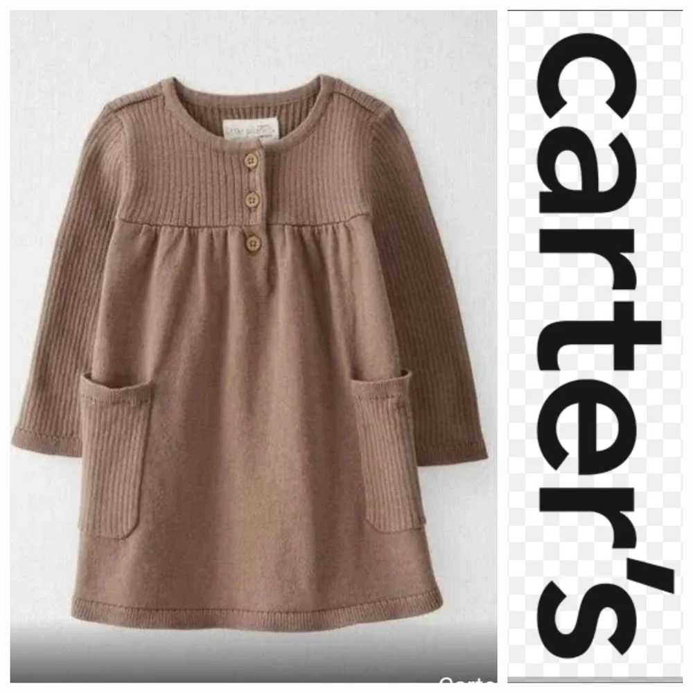 NWT Carter's Kids Brown Pleated Casual Dress Long Sleeves - Organic Cotton ~3M - Picture 1 of 6